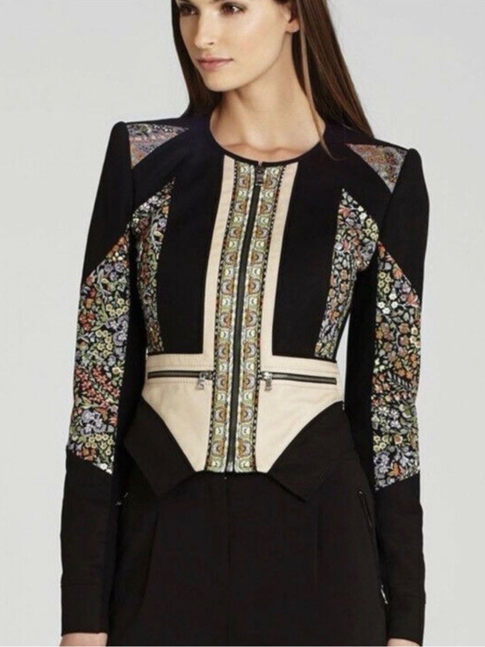 BCBGMaxAzria Black Jacket with Floral Panels and Cream Trim